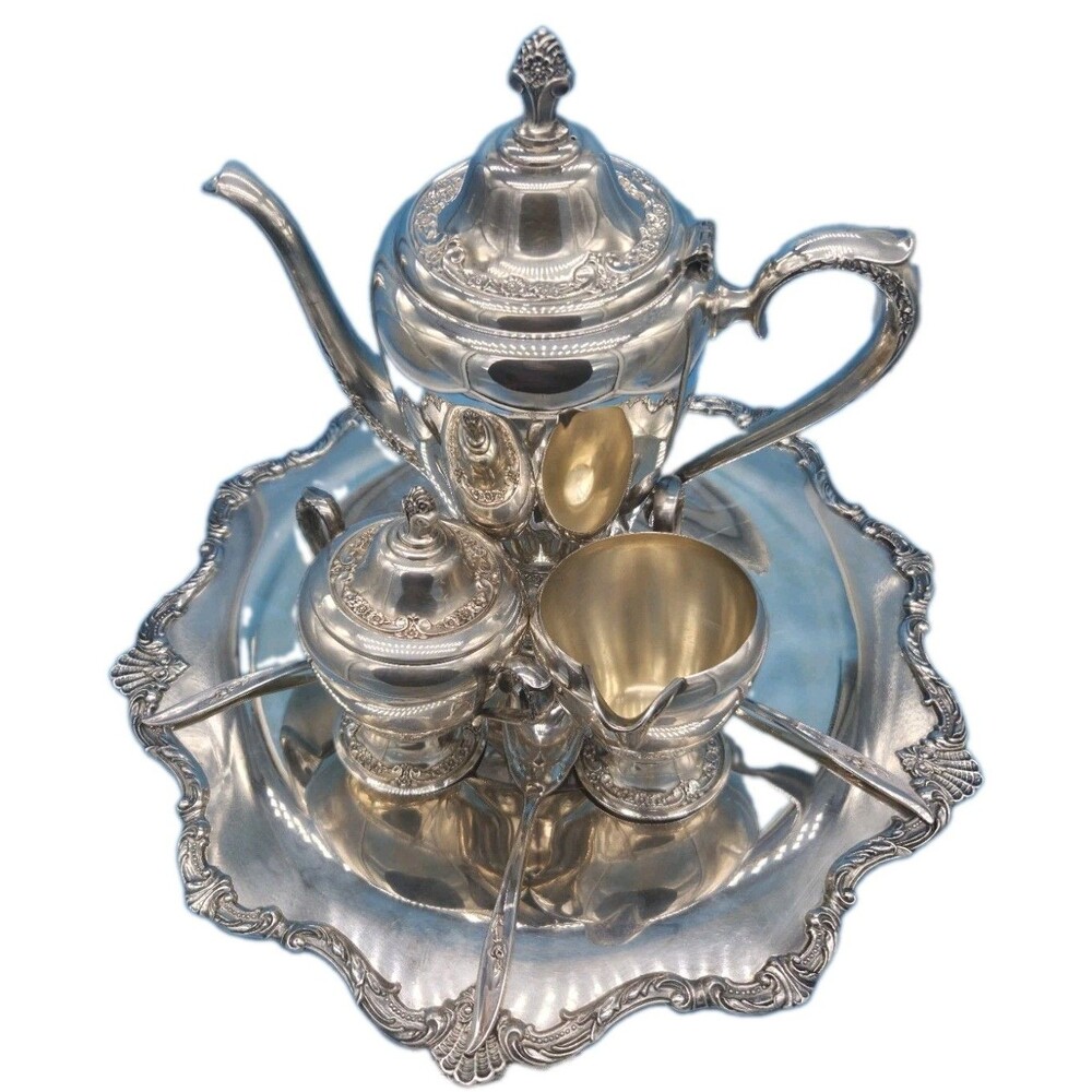 Vintage Rogers & Bro Silverplate Tea Set w/ Wallace Waverley Tray & Spoons